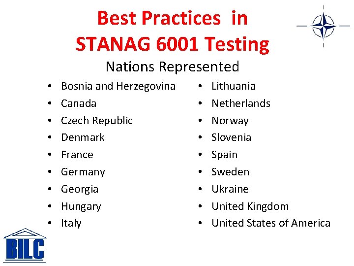 Best Practices in STANAG 6001 Testing Nations Represented • • • Bosnia and Herzegovina