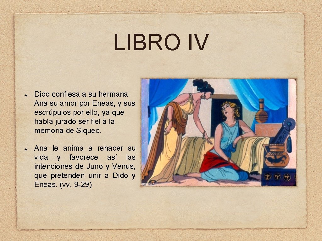 LIBRO IV Dido confiesa a su hermana Ana su amor por Eneas, y sus