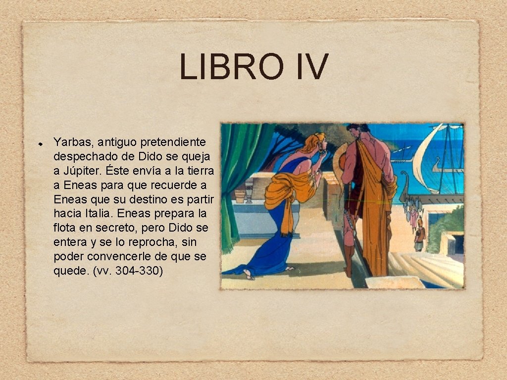 LIBRO IV Yarbas, antiguo pretendiente despechado de Dido se queja a Júpiter. Éste envía