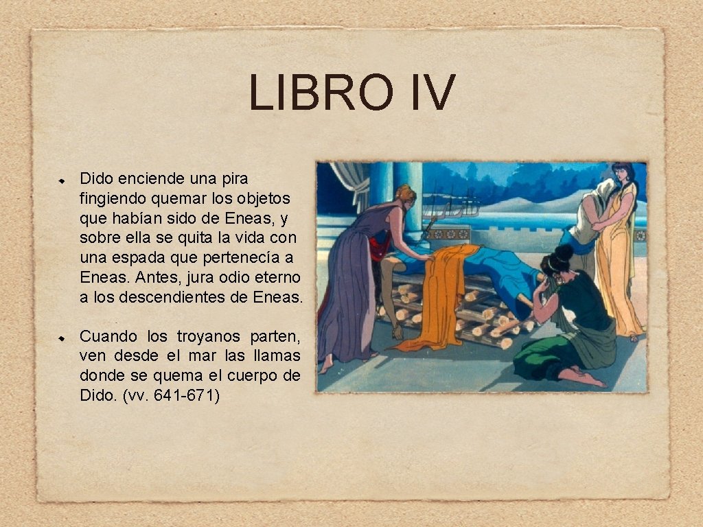 LIBRO IV Dido enciende una pira fingiendo quemar los objetos que habían sido de