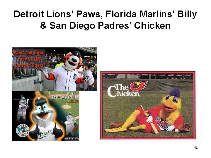 Detroit Lions’ Paws, Florida Marlins’ Billy & San Diego Padres’ Chicken 45 