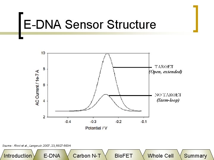 E-DNA Sensor Structure (Open, extended) (Stem-loop) Source: Ricci et al. , Langmuir, 2007, 23,