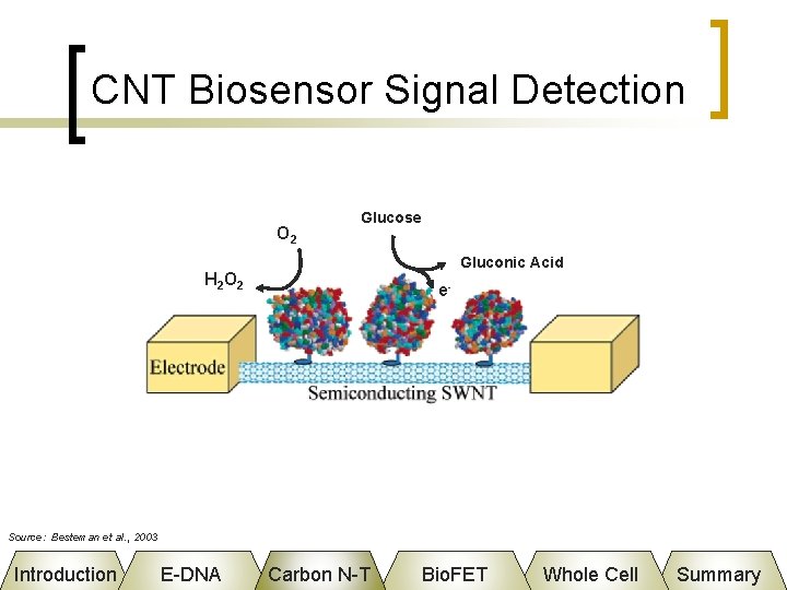 CNT Biosensor Signal Detection O 2 Glucose Gluconic Acid H 2 O 2 e-