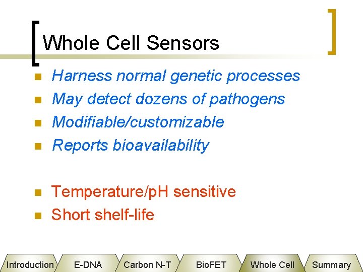 Whole Cell Sensors n n n Harness normal genetic processes May detect dozens of