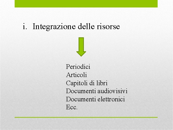 i. Integrazione delle risorse Periodici Articoli Capitoli di libri Documenti audiovisivi Documenti elettronici Ecc.