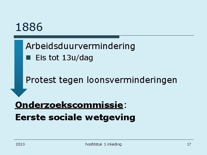1886 o Arbeidsduurvermindering n Eis tot 13 u/dag o Protest tegen loonsverminderingen Onderzoekscommissie: Eerste