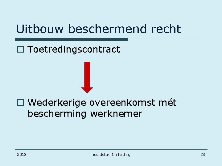 Uitbouw beschermend recht o Toetredingscontract o Wederkerige overeenkomst mét bescherming werknemer 2013 hoofdstuk 1