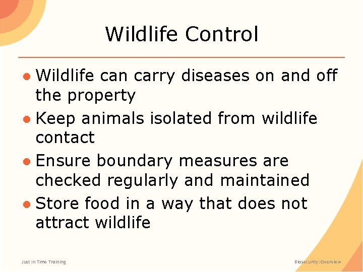 Wildlife Control ● Wildlife can carry diseases on and off the property ● Keep