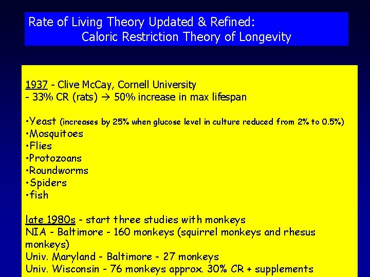 Rate of Living Theory Updated & Refined: Caloric Restriction Theory of Longevity 1937 -