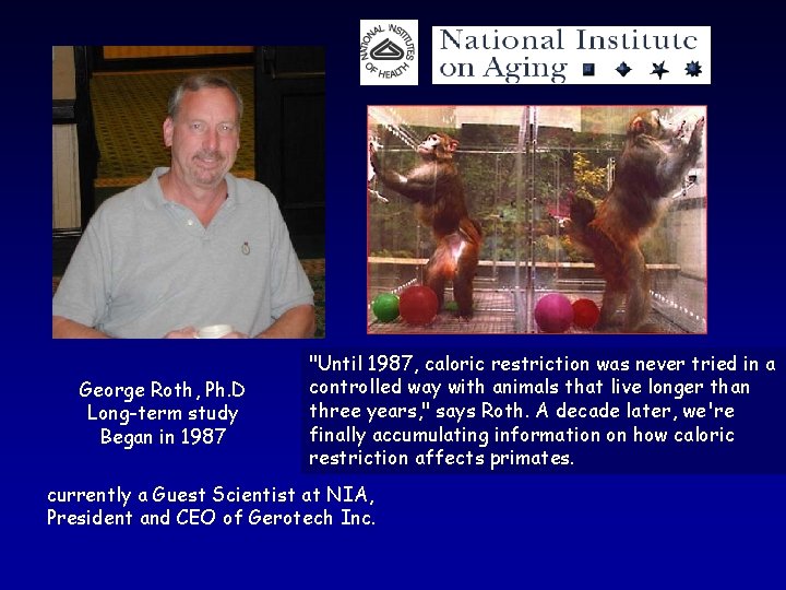 George Roth, Ph. D Long-term study Began in 1987 "Until 1987, caloric restriction was