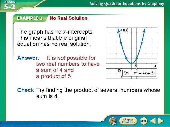 No Real Solution The graph has no x-intercepts. This means that the original equation