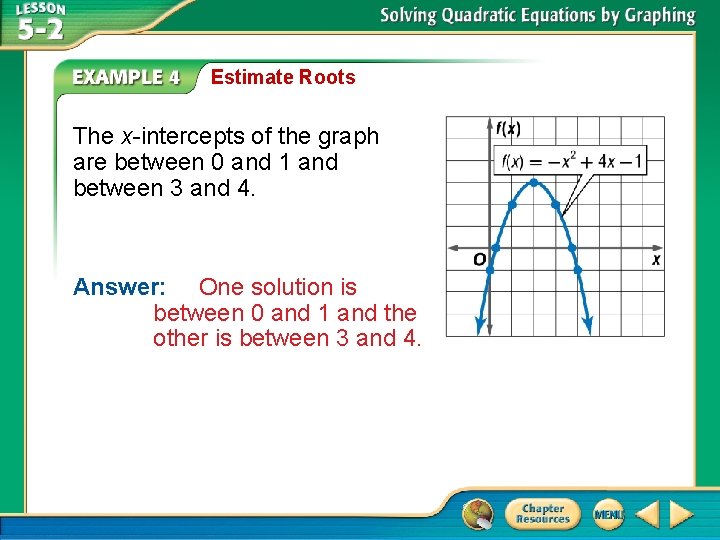 Estimate Roots The x-intercepts of the graph are between 0 and 1 and between