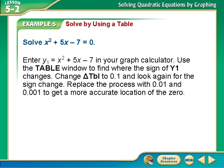 Solve by Using a Table Solve x 2 + 5 x – 7 =