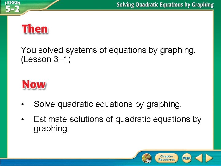 You solved systems of equations by graphing. (Lesson 3– 1) • Solve quadratic equations