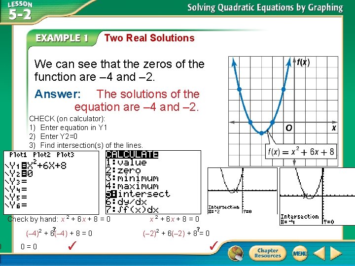 0 Two Real Solutions We can see that the zeros of the function are