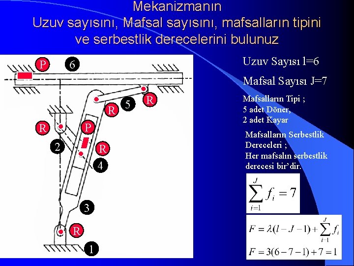 Mekanizmanın Uzuv sayısını, Mafsal sayısını, mafsalların tipini ve serbestlik derecelerini bulunuz Uzuv Sayısı l=6