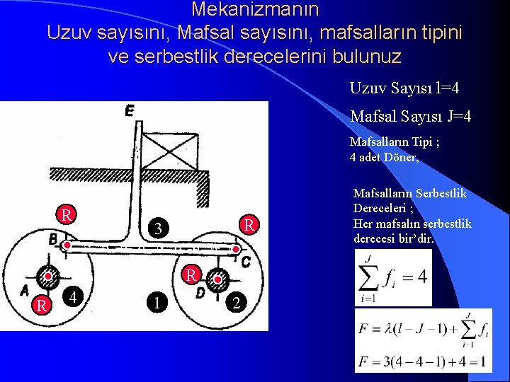 Mekanizmanın Uzuv sayısını, Mafsal sayısını, mafsalların tipini ve serbestlik derecelerini bulunuz Uzuv Sayısı l=4