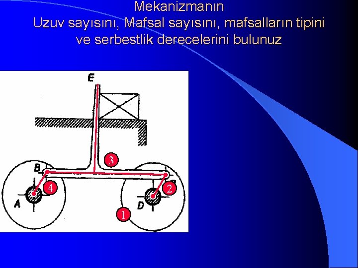 Mekanizmanın Uzuv sayısını, Mafsal sayısını, mafsalların tipini ve serbestlik derecelerini bulunuz 3 4 2