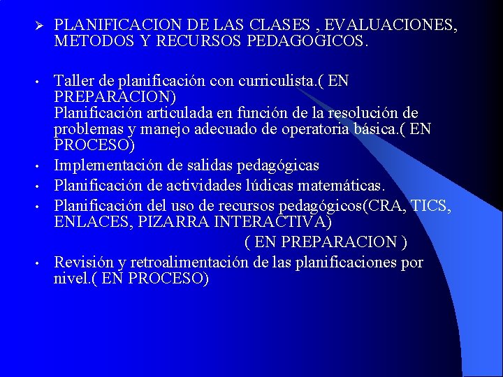 Ø PLANIFICACION DE LAS CLASES , EVALUACIONES, METODOS Y RECURSOS PEDAGOGICOS. • Taller de