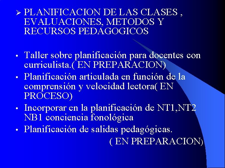 Ø PLANIFICACION DE LAS CLASES , EVALUACIONES, METODOS Y RECURSOS PEDAGOGICOS • Taller sobre