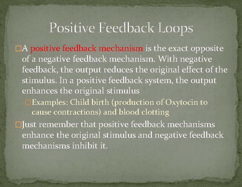 Positive Feedback Loops �A positive feedback mechanism is the exact opposite of a negative