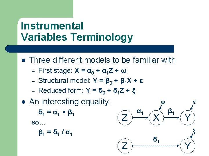 Instrumental Variables Terminology l Three different models to be familiar with – – –