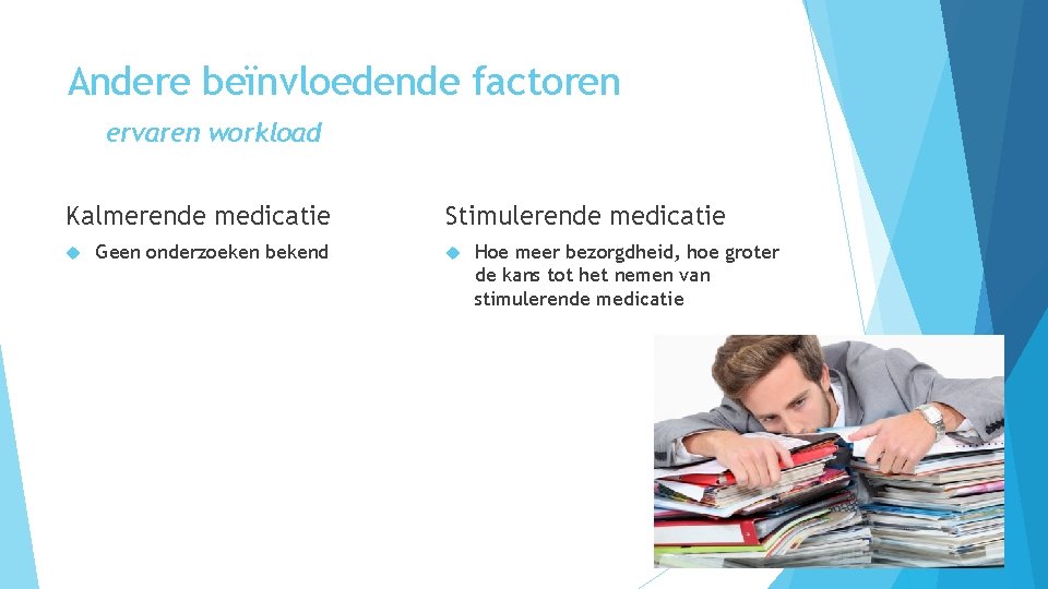 Andere beïnvloedende factoren ervaren workload Kalmerende medicatie Geen onderzoeken bekend Stimulerende medicatie Hoe meer