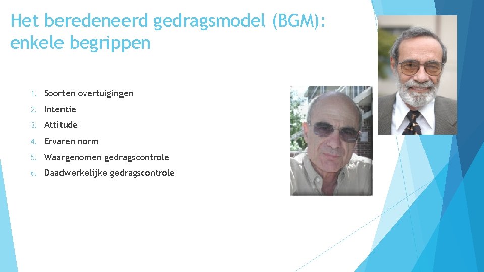 Het beredeneerd gedragsmodel (BGM): enkele begrippen 1. Soorten overtuigingen 2. Intentie 3. Attitude 4.