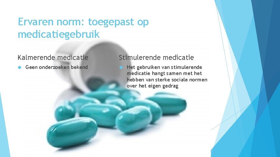 Ervaren norm: toegepast op medicatiegebruik Kalmerende medicatie Geen onderzoeken bekend Stimulerende medicatie Het gebruiken