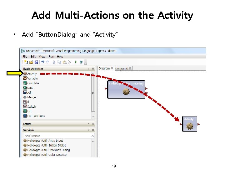 Add Multi-Actions on the Activity • Add “Button. Dialog” and “Activity” 19 