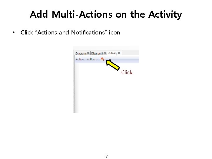 Add Multi-Actions on the Activity • Click “Actions and Notifications” icon Click 21 