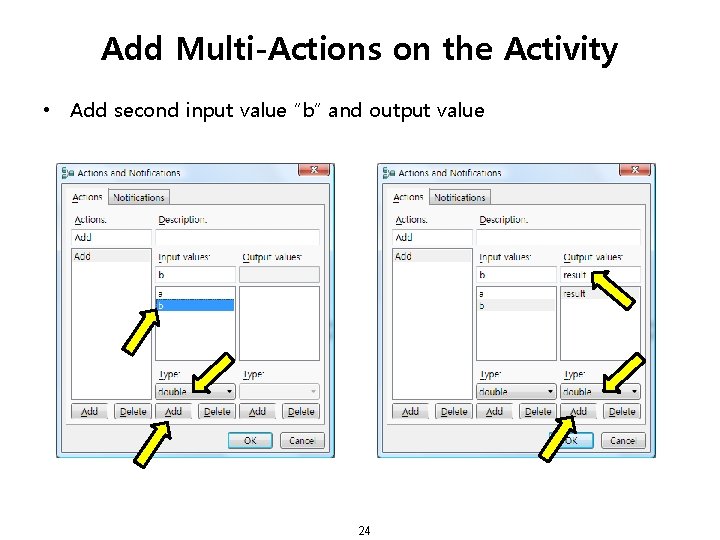 Add Multi-Actions on the Activity • Add second input value “b” and output value