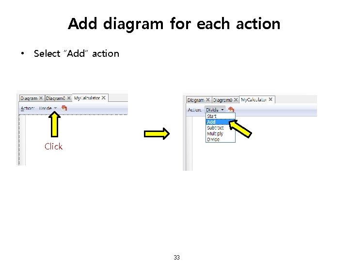 Add diagram for each action • Select “Add” action Click 33 