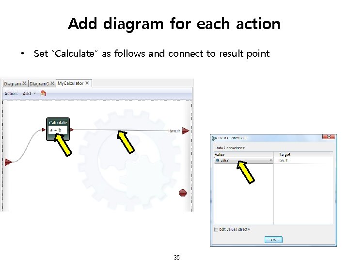 Add diagram for each action • Set “Calculate” as follows and connect to result