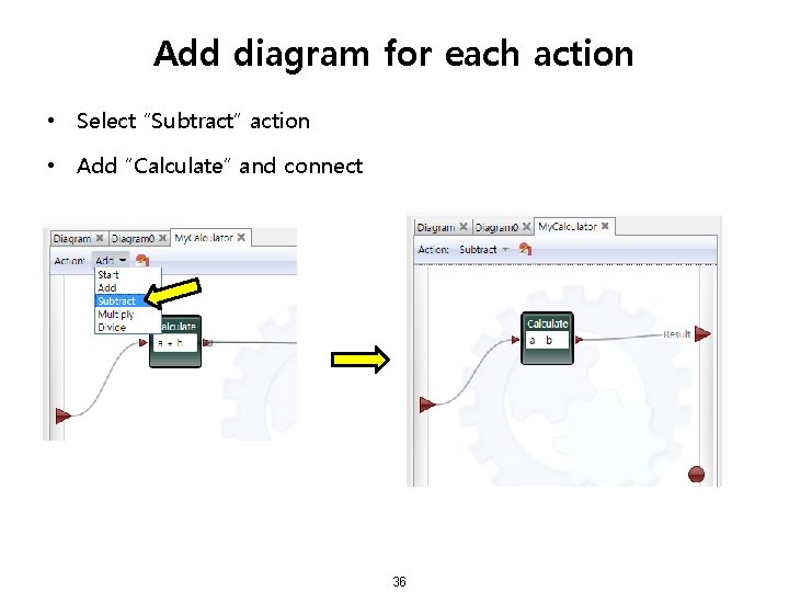 Add diagram for each action • Select “Subtract” action • Add “Calculate” and connect