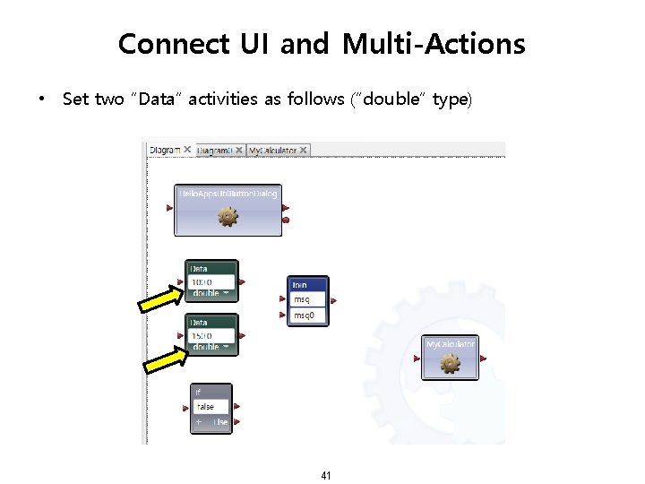 Connect UI and Multi-Actions • Set two “Data” activities as follows (“double” type) 41