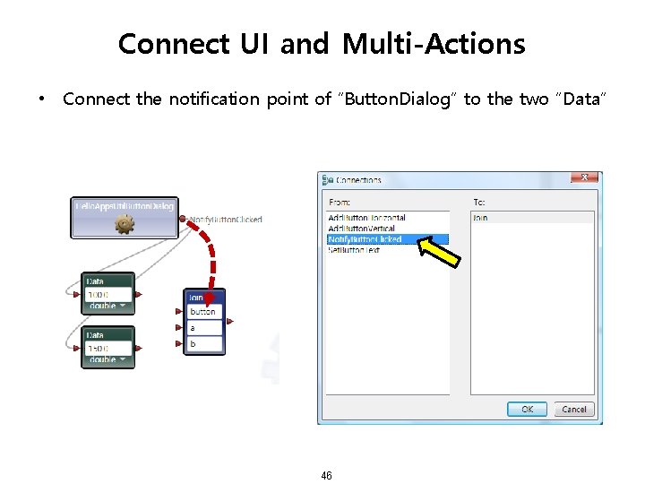 Connect UI and Multi-Actions • Connect the notification point of “Button. Dialog” to the