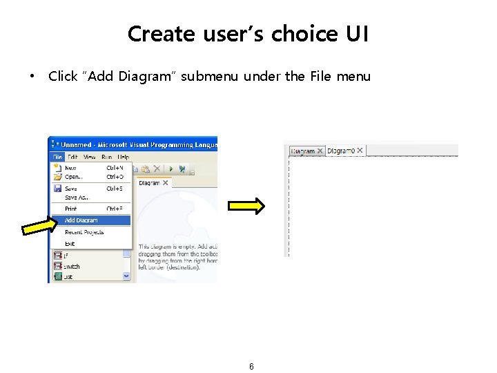 Create user’s choice UI • Click “Add Diagram” submenu under the File menu 6