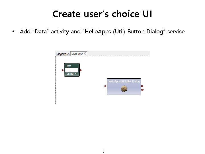 Create user’s choice UI • Add “Data” activity and “Hello. Apps (Util) Button Dialog”