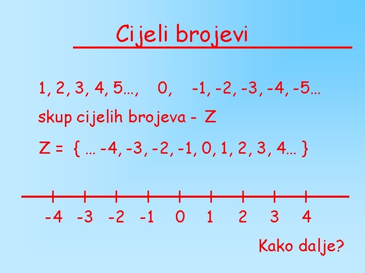 Cijeli brojevi 1, 2, 3, 4, 5…, 0, -1, -2, -3, -4, -5… skup