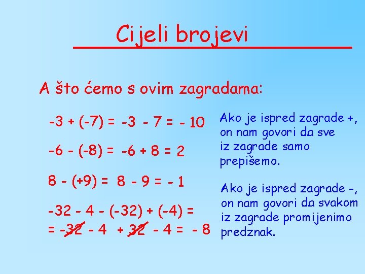 Cijeli brojevi A što ćemo s ovim zagradama: -3 + (-7) = -3 - Cijeli brojevi A što ćemo s ovim zagradama: -3 + (-7) = -3 -