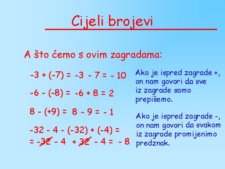 Cijeli brojevi A što ćemo s ovim zagradama: -3 + (-7) = -3 -