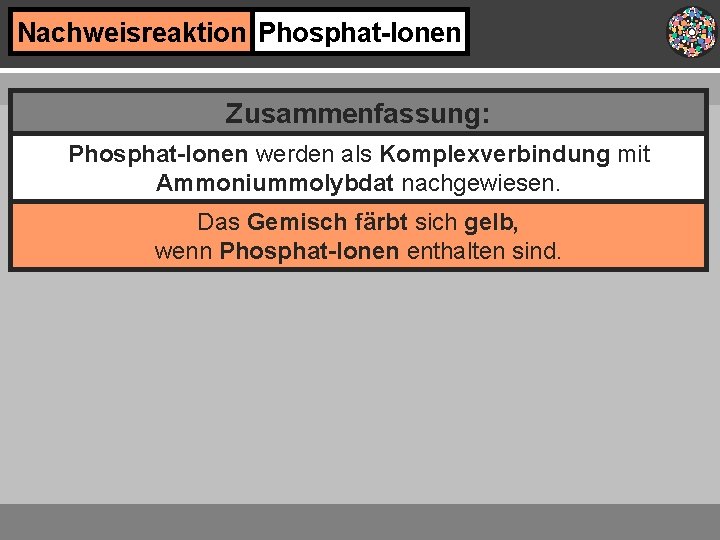 Nachweisreaktion Phosphat-Ionen Zusammenfassung: Phosphat-Ionen werden als Komplexverbindung mit Ammoniummolybdat nachgewiesen. Das Gemisch färbt sich