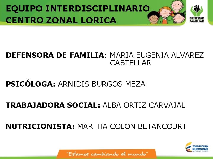 EQUIPO INTERDISCIPLINARIO CENTRO ZONAL LORICA DEFENSORA DE FAMILIA: MARIA EUGENIA ALVAREZ CASTELLAR PSICÓLOGA: ARNIDIS