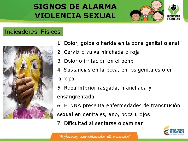 SIGNOS DE ALARMA VIOLENCIA SEXUAL Indicadores Físicos 1. Dolor, golpe o herida en la