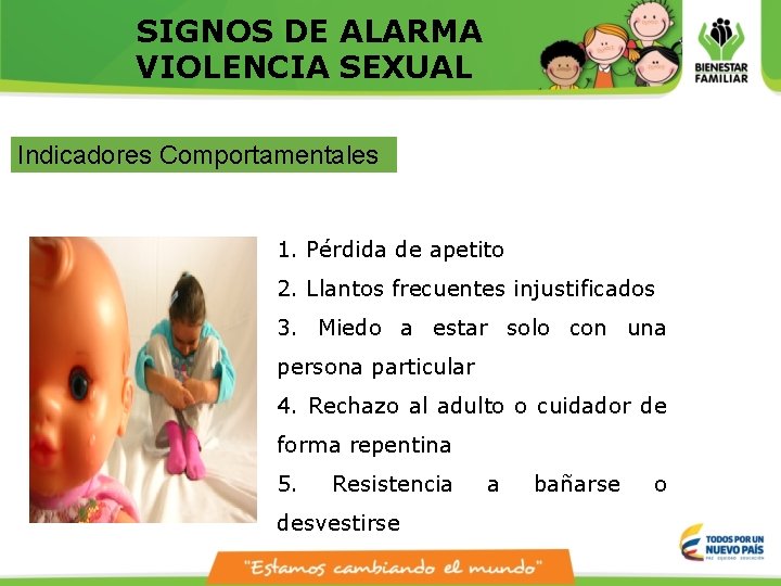 SIGNOS DE ALARMA VIOLENCIA SEXUAL Indicadores Comportamentales 1. Pérdida de apetito 2. Llantos frecuentes