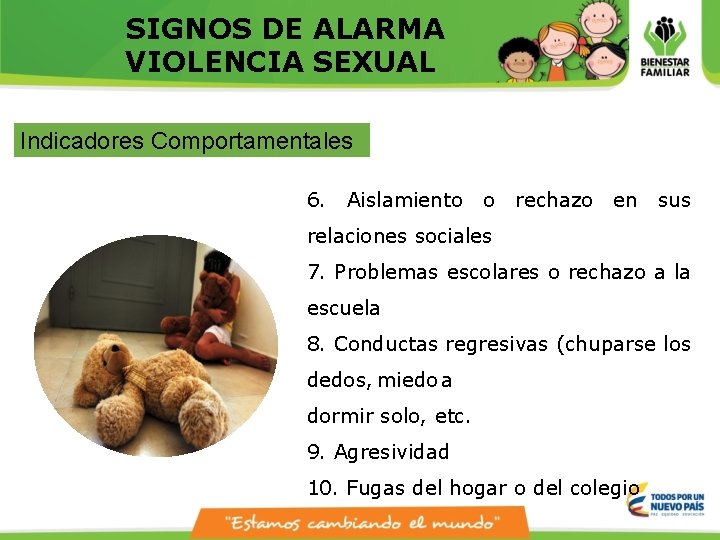 SIGNOS DE ALARMA VIOLENCIA SEXUAL Indicadores Comportamentales 6. Aislamiento o rechazo en sus relaciones