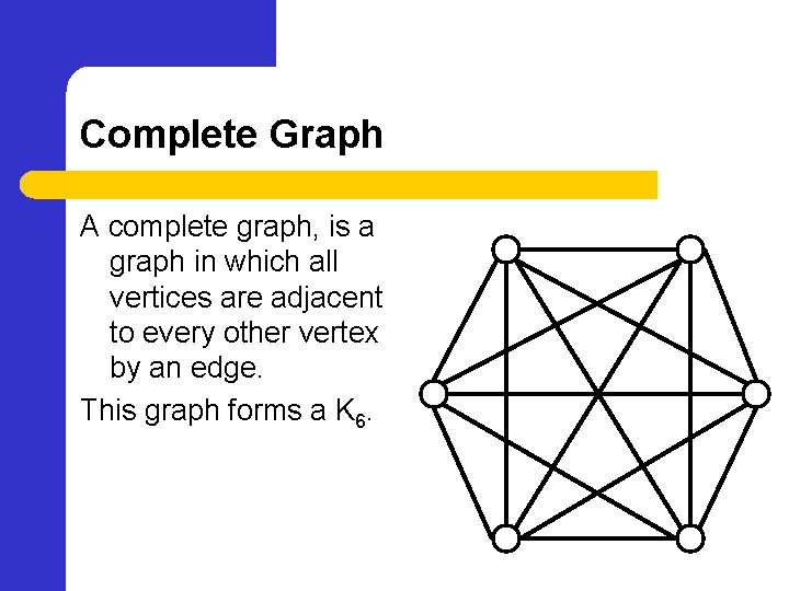 Complete Graph A complete graph, is a graph in which all vertices are adjacent