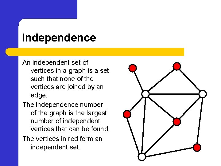 Independence An independent set of vertices in a graph is a set such that