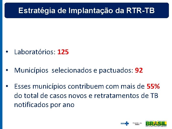 Estratégia de Implantação da RTR-TB • Laboratórios: 125 • Municípios selecionados e pactuados: 92